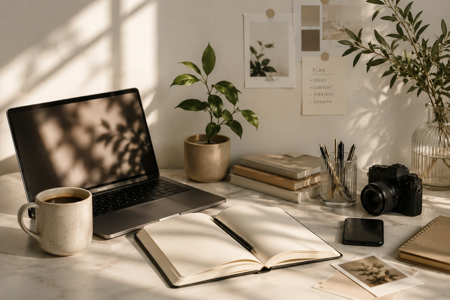 Content marketing strategy workspace with laptop, notebook, coffee and camera