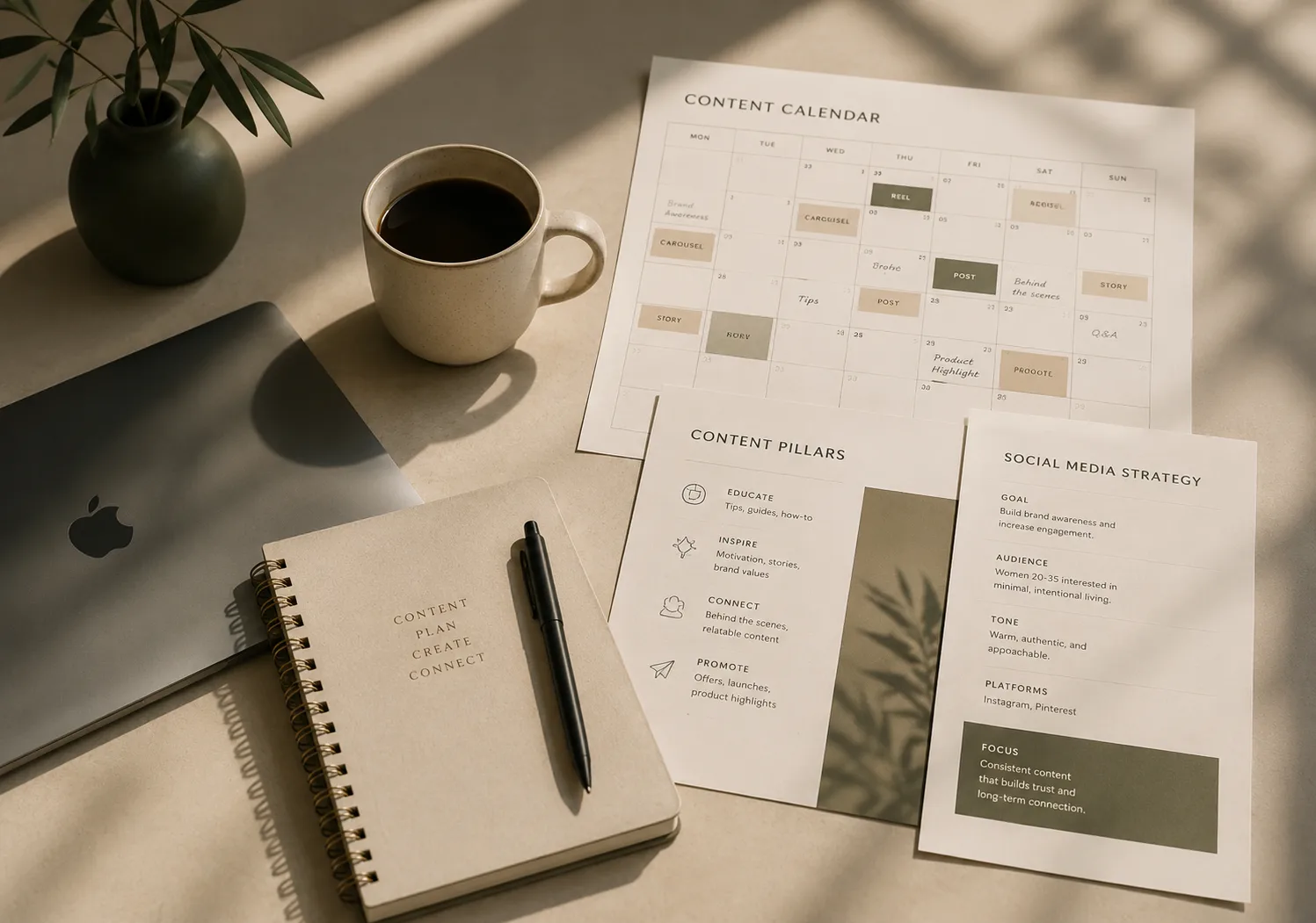 Minimal creative workspace with notebook, coffee, and content strategy documents for social media planning.