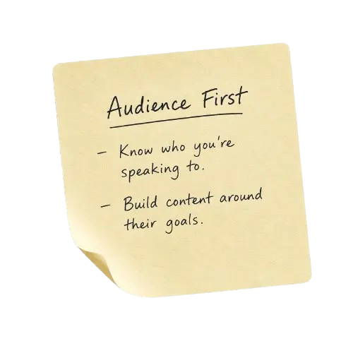 Yellow sticky note with the handwritten text "Audience First" and reminders to know your audience and build content around their goals.