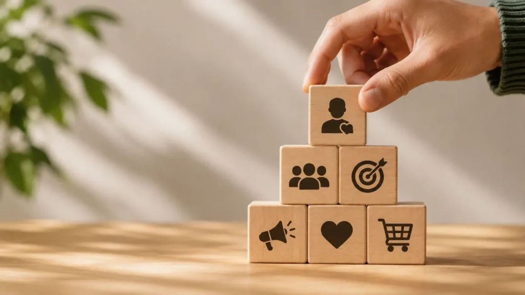 Wooden blocks with people, heart, target, community and shopping icons representing brand identity and consumer psychology