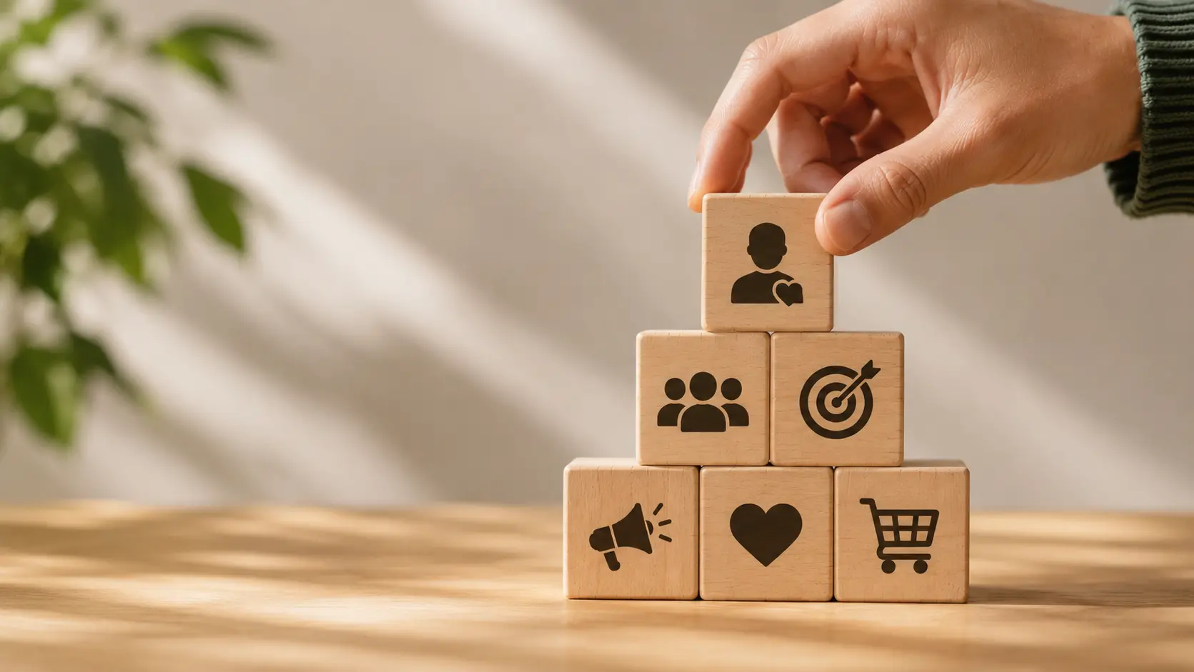 Wooden blocks with people, heart, target, community and shopping icons representing brand identity and consumer psychology