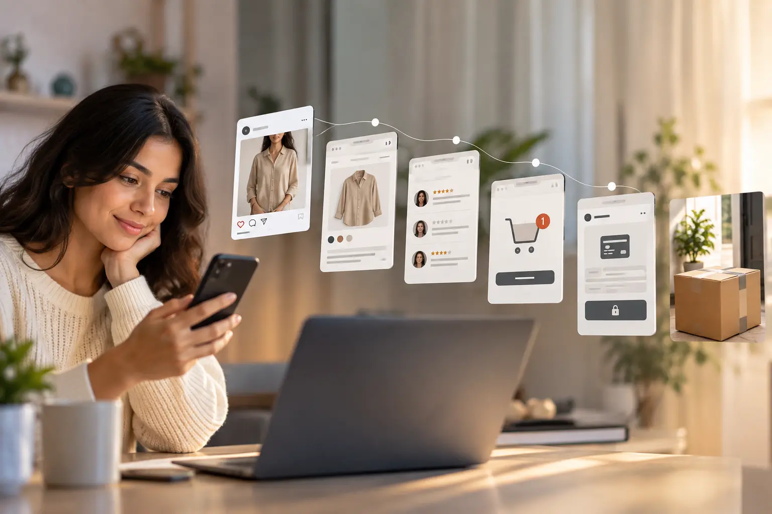 Woman shopping online while exploring a product through reviews, cart, and checkout